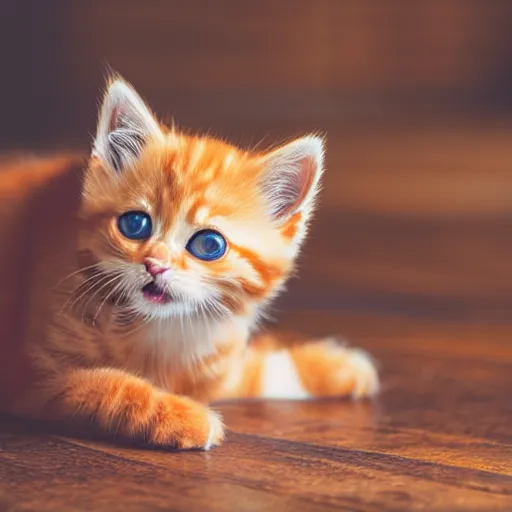 Image similar to cute fluffy orange tabby kitten, wooden floor