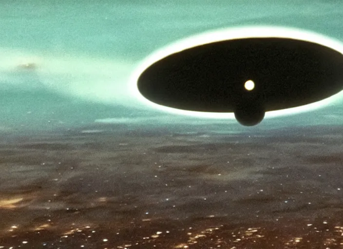 Image similar to a still from a 1 9 8 5 film with an enormous alien mothership approaching 🌍