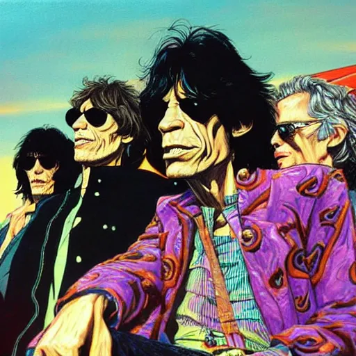 Image similar to rolling stones, painted black, hyper detail, in style of moebius