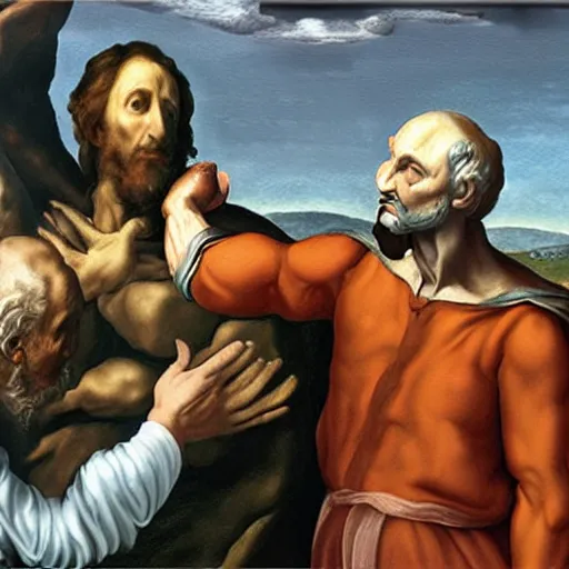 Prompt: creation of adam, michaelangelo painting, face swapped with trump and putin