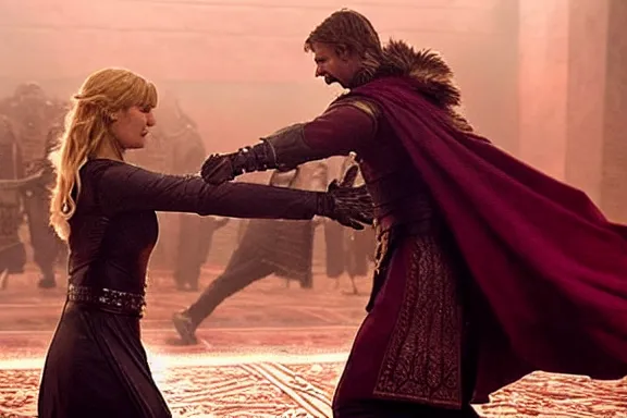 Image similar to very very intricate photorealistic photo of jaime lannister defeating cersei, photo is in focus with detailed atmospheric lighting, award - winning details