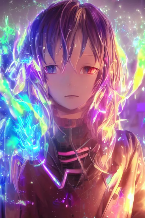 Image similar to portrait of an 3d anime character with cute sparkly eyes wearing a psychedelic holographic hoodie long hair with pastel colors in the style of code vein by Kurumi Kobayashi Koichi Itakura, 3d anime, octane render, dynamic dramatic lighting with glitch and chromatic abbreviations artstation cgsociety imaginefx by anime concept artist rendered in unreal engine by WENJR WLOP artgerm