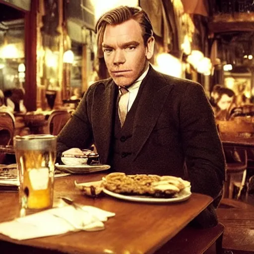 Image similar to ewan mcgregor is sitting at table in a cafe at paris in early 2 0 th century. atmospheric feeling, warm colours, brown colours, yellow colours, epic scene, cinematic, very detailed