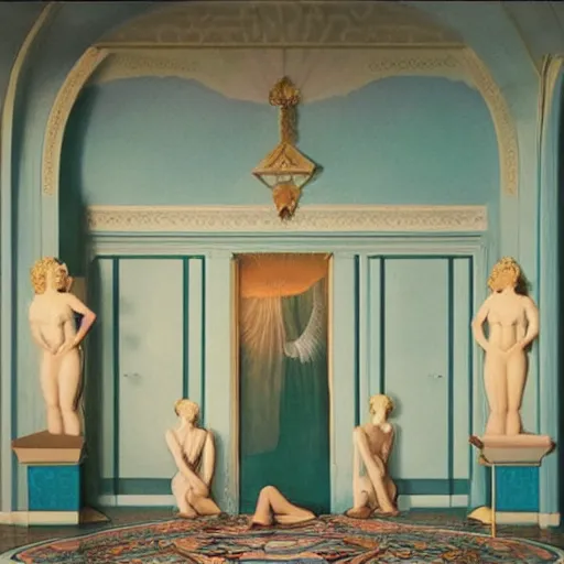 Image similar to a goddess in a liminal room, film still by wes anderson, depicted by canova, limited color palette, very intricate, art nouveau, highly detailed, lights by hopper, soft pastel colors, minimalist