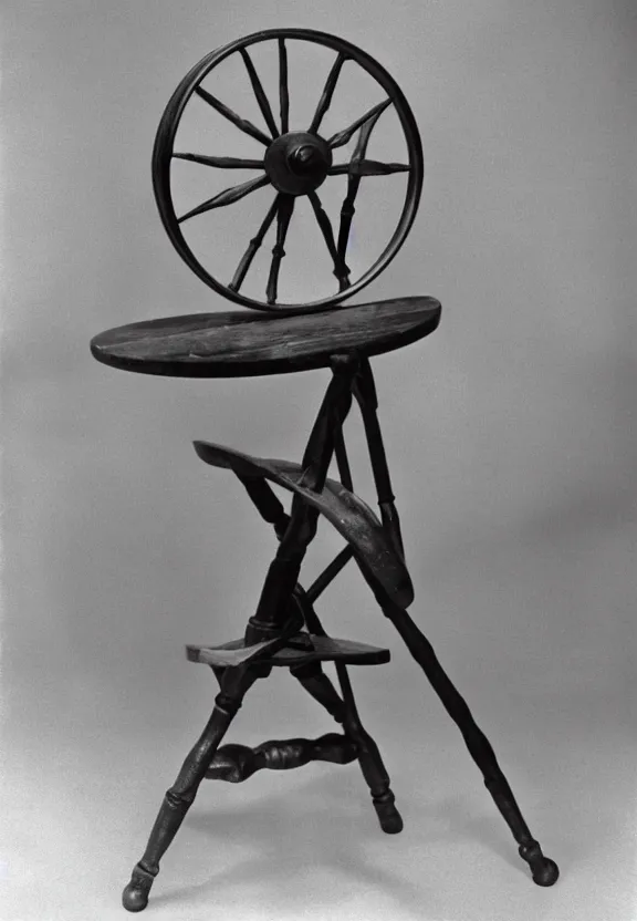 Image similar to a spinning wheel sitting on top of a stool, a surrealist sculpture by marcel duchamp, archival pigment print, 1 9 1 4, conceptual art, artwork, academic art, surrealist