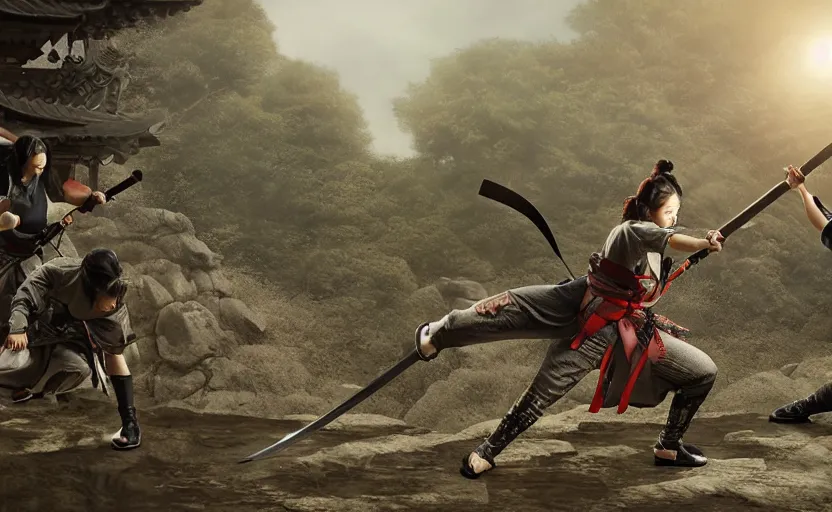 Prompt: highly detailed digital illustration of female ninja warrior cutting samurai with katana in old, japanese fort from sengoku period, surrounded by dense rock formations, cinematic lighting, photobash, raytracing, volumetric lighting