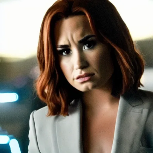 Prompt: close-up of Demi Lovato with brown hair as Dana Scully in an X-Files movie directed by Christopher Nolan, movie still frame, promotional image, imax 35 mm footage