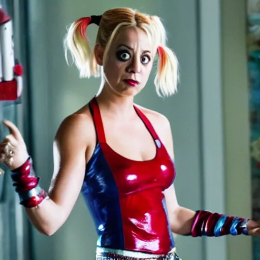 Image similar to A still of Kaley Cuoco as Harley Quinn