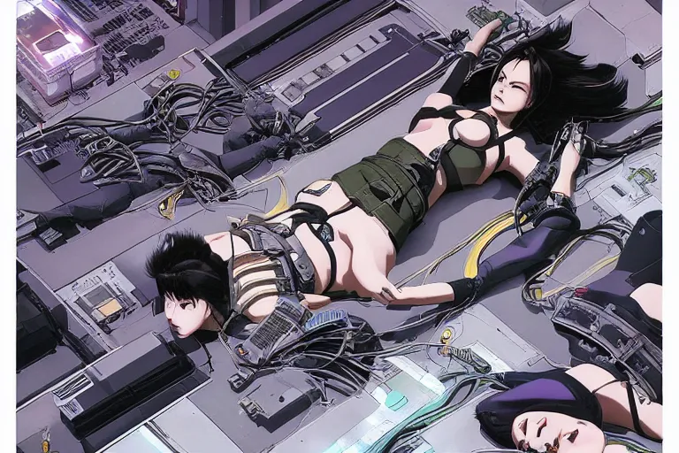 Prompt: a cyberpunk illustration of a group of three female androids in style of masamune shirow, lying on an empty, white floor with their bodies broken scattered rotated in different poses and cables and wires coming out, by yukito kishiro and katsuhiro otomo, hyper-detailed, intricate, view from above