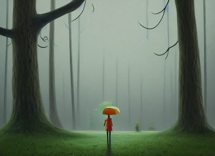 Prompt: A painting of a person standing in the rain surrounded by trees, a digital rendering by Gediminas Pranckevicius, Deviantart, digital art, 2D game art, detailed painting