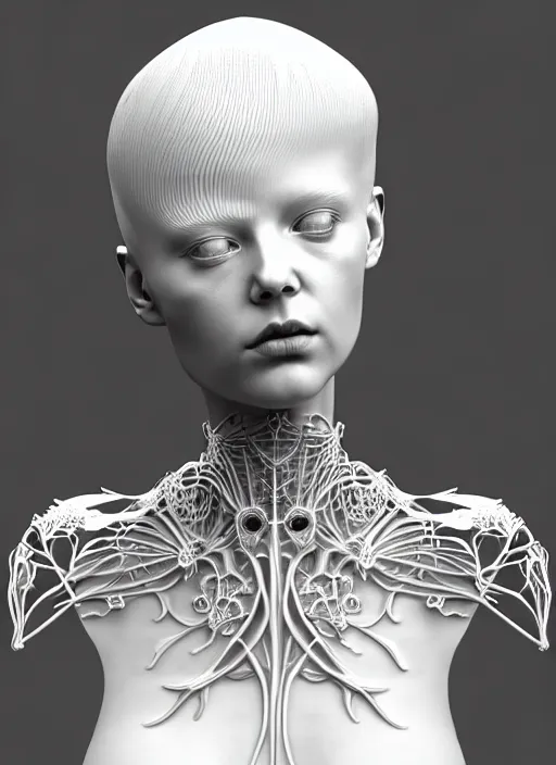 Image similar to dreamy soft bw 3 d render, beautiful angelic biomechanical albino girl cyborg with a porcelain profile face, very long neck, rim light, big leaves and stems, roots, fine foliage lace, alexander mcqueen, art nouveau fashion embroidered collar, steampunk, silver filigree details, hexagonal mesh wire, mandelbrot fractal, elegant, artstation trending