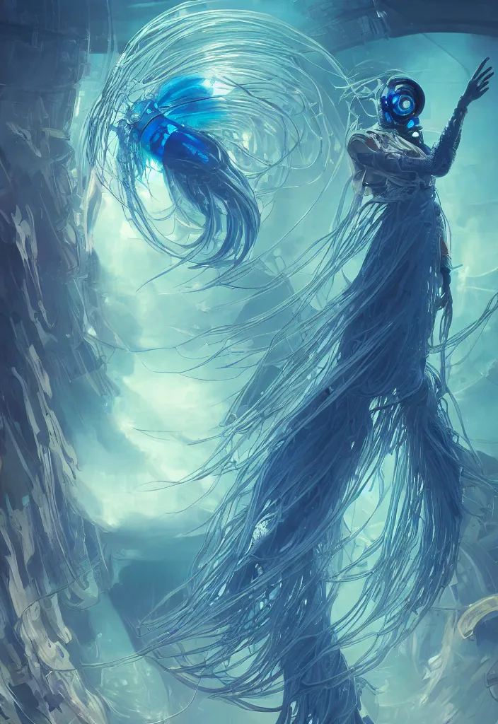 Image similar to Panorama hyper detailed painting of a cyberpunk jellyfish, blue tones, underwater, 8 mm, highly detailed, digital painting, artstation, concept art, smooth, sharp focus, illustration, art by artgerm and greg rutkowski and alphonse mucha