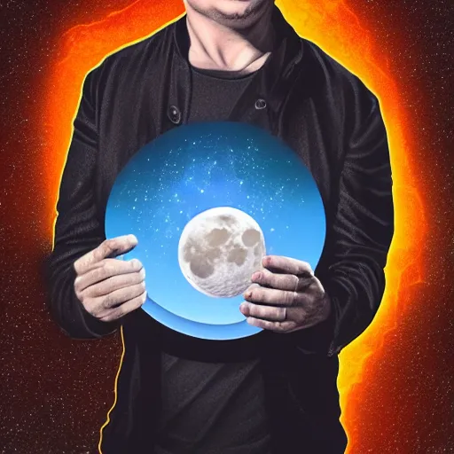 Image similar to elon musk holding the moon, digital art