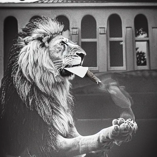 Image similar to a very detailed photo of a lion ( smoking a cigar ) outside the mansion by the pool