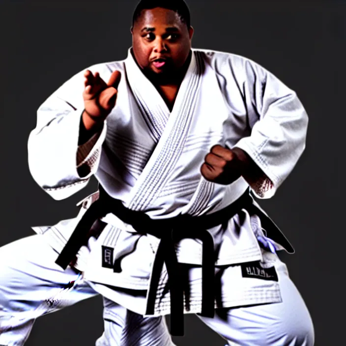 Image similar to photo of an overweight black man with dreads wearing a gi, doing martial arts, 4 k