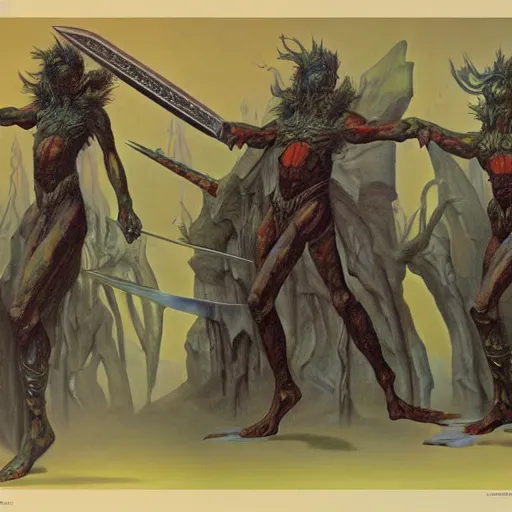 Prompt: fantasy sword concepts, painting by Wayne Douglas Barlowe ,