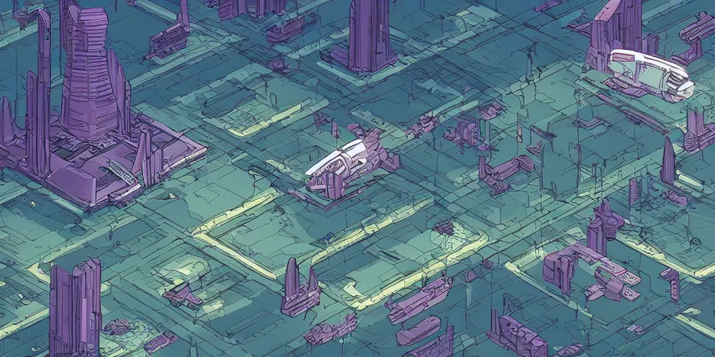 Prompt: a mile above a cyberpunk landscape. isometric perspective. science fiction art. near future world moebius