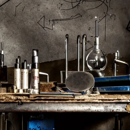 Image similar to A close-up shot of a metal table with laboratory tools and materials in an abandoned biopunk laboratory,