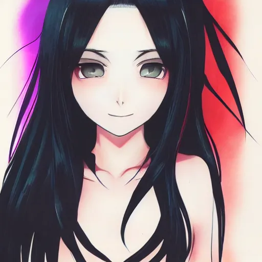 Image similar to full headshot portrait of a girl with long black hair, drawn by ATDAN, by Avetetsuya Studios, attractive character, colored sketch anime manga panel, trending on Pixiv