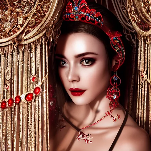 Image similar to wonderful princess with smooth fair skin, alluring eyes, red jewelry, breathtaking, elegant, intricate, ornate backdrop, hyper detailed, accent lighting, 4 k glamour photography, octane render