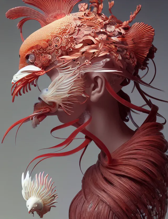 Image similar to 3 d venus goddess close - up profile portrait biomechanics. beautiful intricately detailed japanese crow kitsune mask and clasical japanese kimono. betta fish, jellyfish phoenix, bio luminescent, plasma, ice, water, wind, creature, artwork by tooth wu and wlop and beeple and greg rutkowski