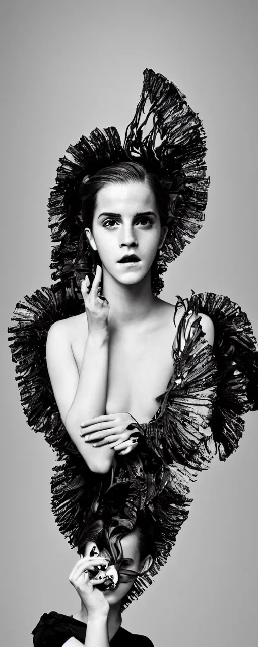 Image similar to Emma Watson closeup face with pouting lips, shoulders very long hair hair wearing an oversized Beret, wearing a mandelbrot fractal biomechanical sculpture mask, elegant Vogue fashion shoot by Peter Lindbergh fashion poses detailed professional studio lighting dramatic shadows professional photograph by Cecil Beaton, Lee Miller, Irving Penn, David Bailey, Corinne Day, Patrick Demarchelier, Nick Knight, Herb Ritts, Mario Testino, Tim Walker, Bruce Weber, Edward Steichen, Albert Watson