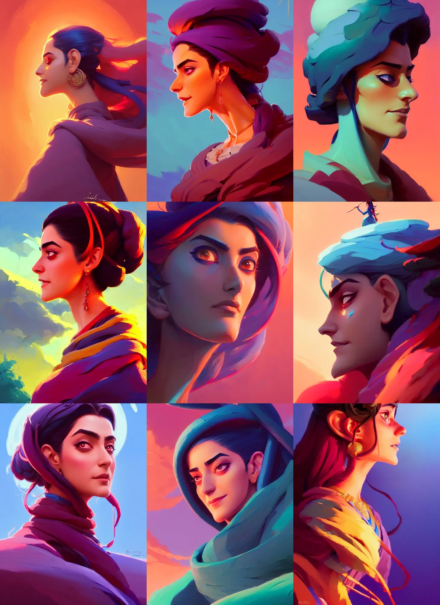 Prompt: side - profile painted portrait, maya ali as a sorcerer, fantastically gaudy colors, octane render, matte painting concept art, official fanart behance hd artstation by jesper ejsing, by rhads and makoto shinkai and lois van baarle and ilya kuvshinov and rossdraws