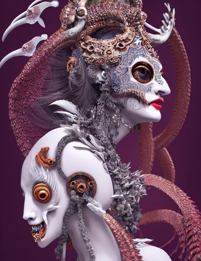 Image similar to 3 d goddess of hell close - up profile portrait with ram skull. beautiful intricately detailed japanese crow kitsune mask and clasical japanese kimono. betta fish, jellyfish phoenix, bio luminescent, plasma, ice, water, wind, creature, artwork by tooth wu and wlop and beeple and greg rutkowski