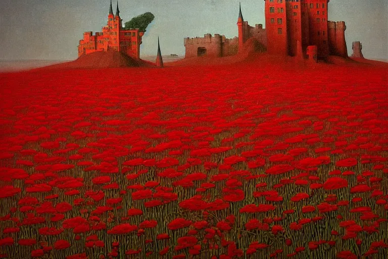 Image similar to only with red, red flowers of different types, a red tiger, a castle in the background, medieval demons dance over the flowers, an ancient path, in the style of beksinski, part by hopper, part by rodcenko, part by hofbauer, intricate composition, red by caravaggio, insanely quality, highly detailed, masterpiece, red light, artstation