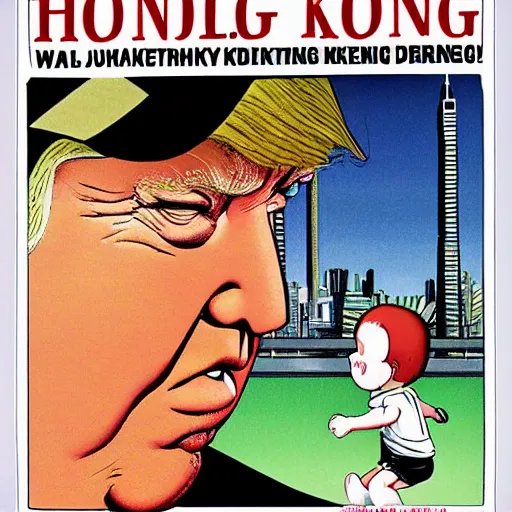 Prompt: glossy old advertising poster, chubby baby donald trump walking through crowded hong kong street, vendors, drawn comic by junji ito, pastels, gradient