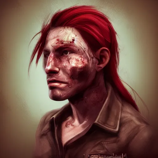 Image similar to portrait, 30 years old man :: red hair ponytail :: burned face, grimy, rough :: high detail, digital art, RPG, concept art, illustration