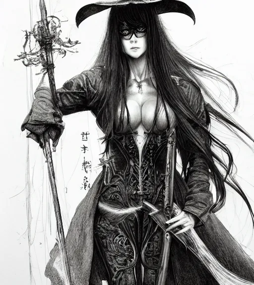 Prompt: portrait of anime succubus with long hair wearing a big witch hat, glasses, perfect fit and strong body, berserk, pen and ink, intricate line drawings, by craig mullins, ruan jia, kentaro miura, greg rutkowski, loundraw, yoshitaka amano