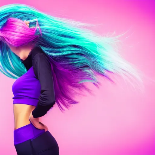 Image similar to a award winning half body shot of a beautiful woman in a croptop and leggings with a ombre purple pink teal hairstyle with head in motion and hair flying, outrun, vaporware, highly detailed, fine detail, intricate