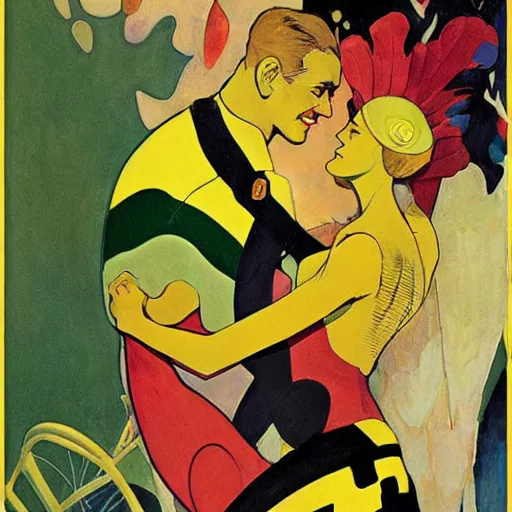 Image similar to art by joshua middleton, the yellow creeper, a tall manically smiling yellow - skinned man with green and black striped cycling shorts and wearing a long red feather boa, mucha, kandinsky, poster, comic art, stylised design