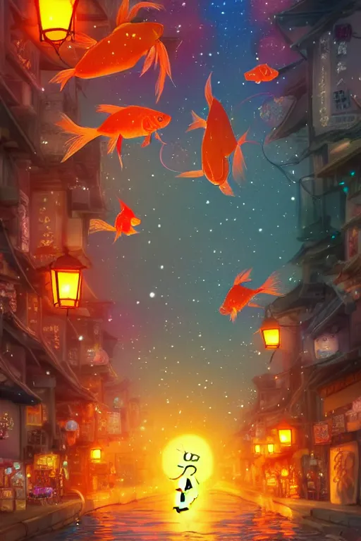 Image similar to fantasy art of glowing goldfish swimming in the air, in the streets of a japanese town at night, with people watching in wonder, in the style of studio ghibli and makoto shinkai, highly detailed digital art, trending on artstation