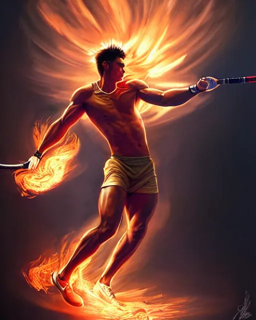 Prompt: Muscular male tennis player hitting a powerful ball of fire, art deco, fantasy, intricate fire designs, elegant, highly detailed, sharp focus, art by Artgerm and Greg Rutkowski and WLOP