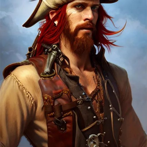 Image similar to rugged playful pirate, 3 0 years old, male, handsome, masculine, red hair, long hair, soft hair, fantasy, intricate, elegant, highly detailed, steampunk, airship, digital painting, artstation, concept art, character art, smooth, sharp focus, illustration, art by artgerm and greg rutkowski and alphonse mucha