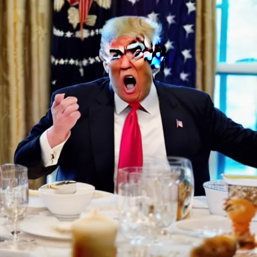 Prompt: Donald Trump screaming, angry, and refusing to eat his dinner, 4k, high quality photograph