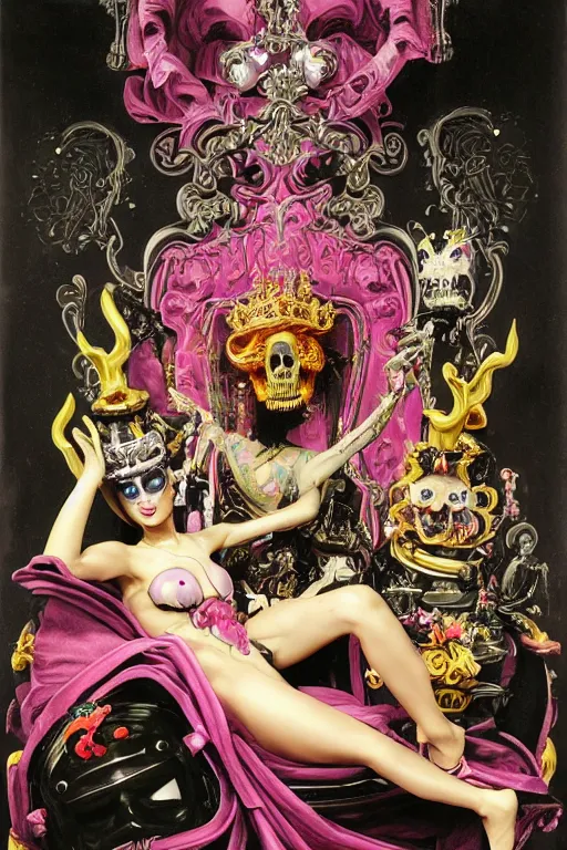 Image similar to full-body rococo and cyberpunk style neon statue of a young attractive portugues macho dotado e rico android sim roupa reclining con piroca dura, glowing magenta laser eyes, prince crown of black gears, onyx, swirling silver-colored silk fabric. futuristic elements. full-length view. space robots. human skulls. intricate artwork by caravaggio. Trending on artstation, octane render, cinematic lighting from the right, hyper realism, octane render, 8k, depth of field, 3D