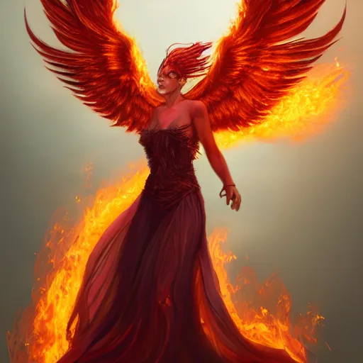 Prompt: detailed portrait of a fiery phoenix woman rising from fire spreading her wings with fiery marks all across her body, magically, magic, fire, realism, ruby, sunlit, dark fantasy, dramatic lighting, cgsociety, artstation