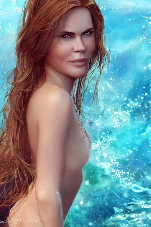 Image similar to mix of beautiful young maria shriver, mariel hemmingway, brooke shields, nicole kidman and elle macpherson as an underwater mermaid, thin lips, hair tied up in a pony tail, dark blonde hair, colorful, artstation, cgsociety