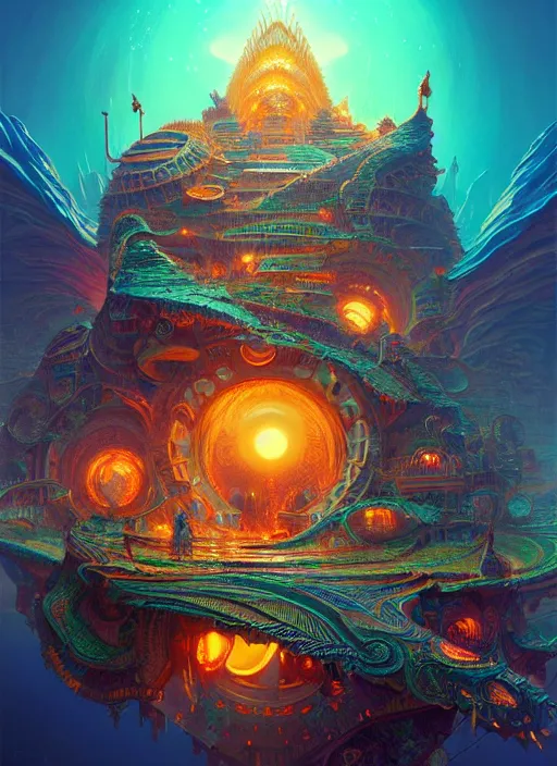 Prompt: hyper detailed ultra sharp of a magicpunk exoticcore overcrowded flying island city trending on artstation, warpaint aesthetic, earthwave, colorful, psychedelic, ornate, intricate, digital painting, concept art, smooth, sharp focus, illustration, art by artgerm and greg rutkowski and h. r. giger, 8 k