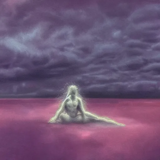 Image similar to a weeping demon crouching in the middle of a shallow sea, purple sky and black clouds, in style of Francis Bacon, hd, 8k resolution, high detail