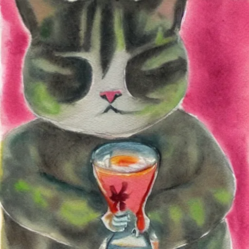 Prompt: a watercolor drawing of a cat wearing a hawaii shirt drinking a bear