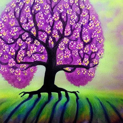 Prompt: a tree that grows around and protects a running girl, the girl cries and her tears feed the tree so it grows beautiful flowers, painting with soft colors, dark optimism