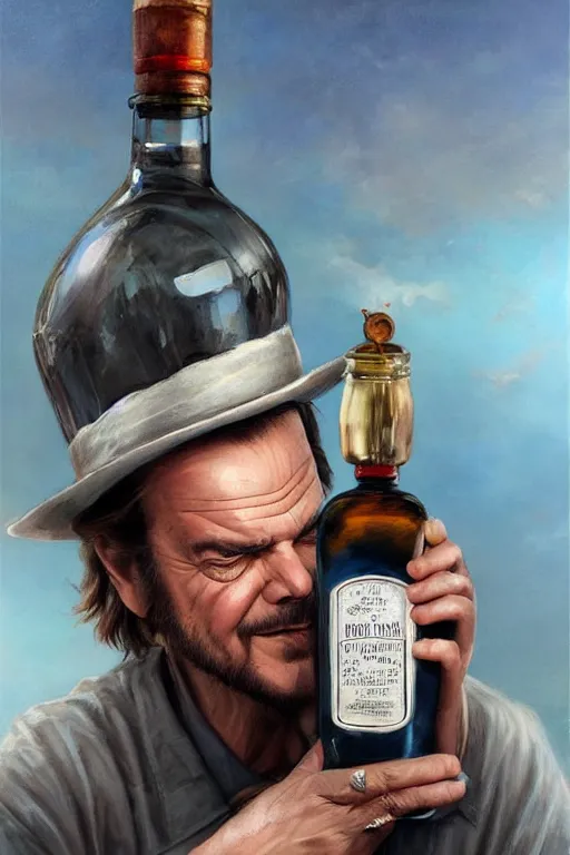 Image similar to a message in a bottle but instead of a ship it is a young jack nicholson in the bottle, jack nicholson, fancy whiskey bottle, masterpiece painting by artgerm and tom bagshaw