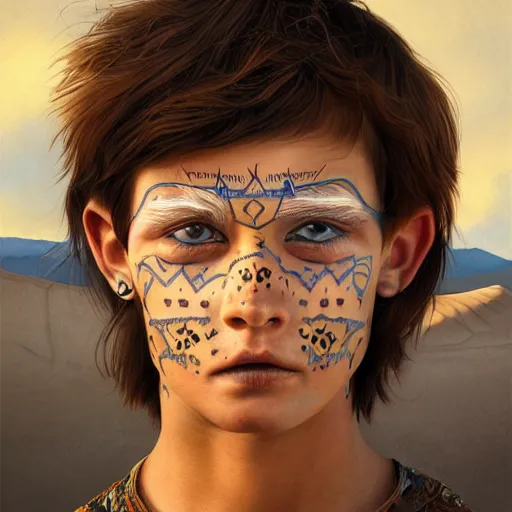 Image similar to a detailed portrait of a boy with a face tattoo in the desert, fantasy art illustration, incredibly highly detailed and realistic, 8 k, sharp focus