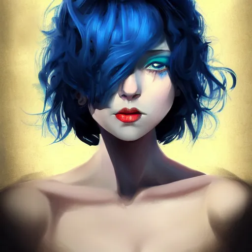 Prompt: pale girl with striking blue eyes and curly short black hair, digital art, trending on artstation