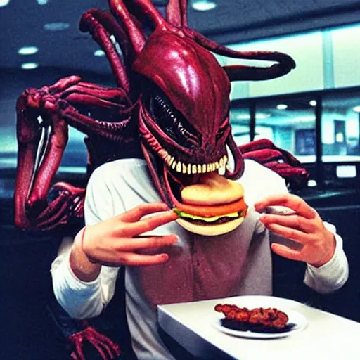 Prompt: Xenomorph eating a person at McDonalds