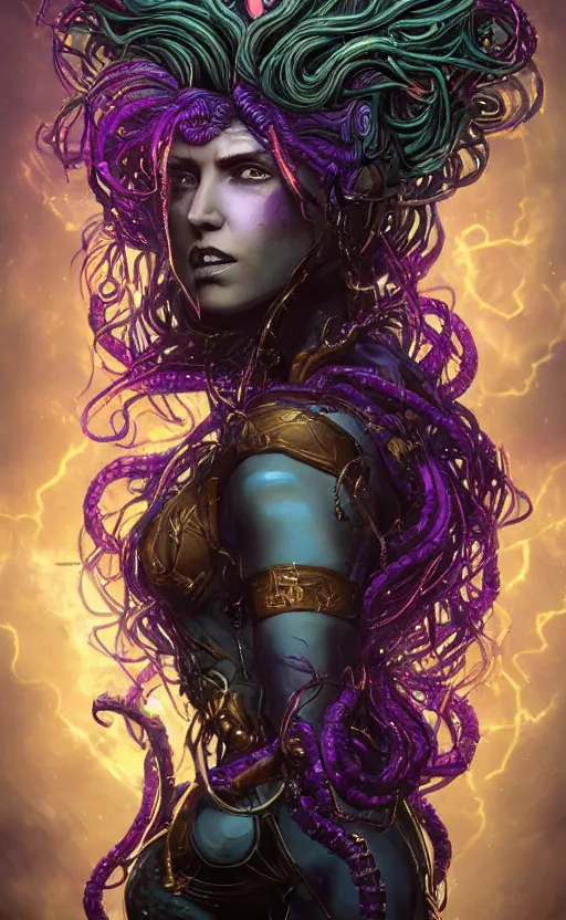 Prompt: An epic fantasy comic book style portrait painting of a very beautiful nebulapunk Medusa with symmetrical facial features and lots of cyberpunk and cybernetic bio-luminiscent snakes as hair, awesome pose, in the center of the image, golden ratio, full body, vibrant dark mood, unreal 5, hyperrealistic, octane render, cosplay, RPG portrait, arthouse, dynamic lighting, intricate detail, cinematic, HDR digital painting, 8k resolution, enchanting, otherworldly, sense of awe, award winning picture, Hyperdetailed, blurred background, backlight, Gsociety, trending on ArtstationHQ, dreamscape.